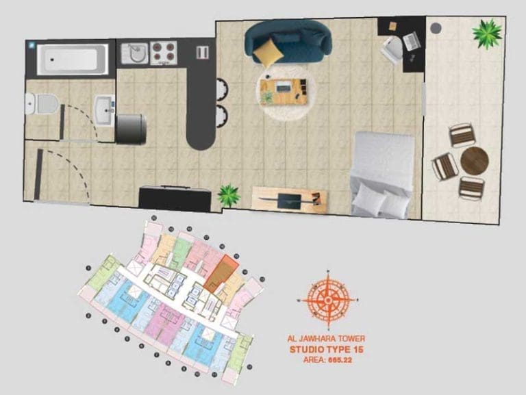 Al Jawhara Tower Studio Apartment Type 15 Floor Plans