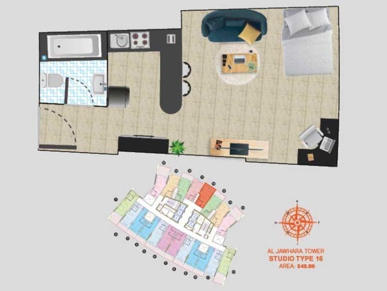 Al Jawhara Tower Studio Apartment Type 16 Floor Plans