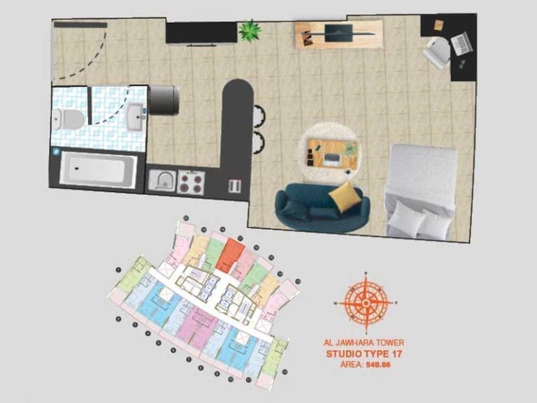 Al Jawhara Tower Studio Apartment Type 17 Floor Plans