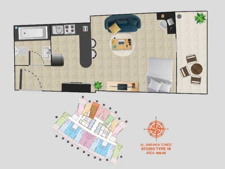 Al Jawhara Tower Studio Apartment Type 18 Floor Plans