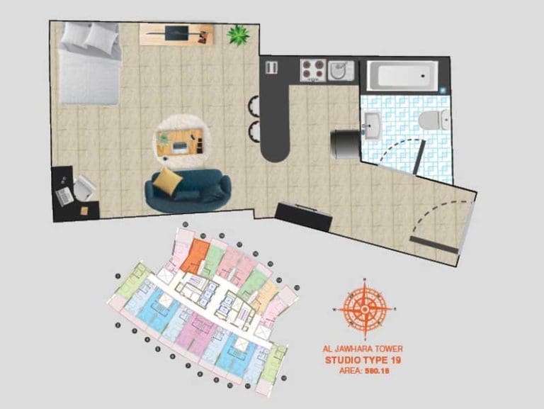 Al Jawhara Tower Studio Apartment Type 20 Floor Plans