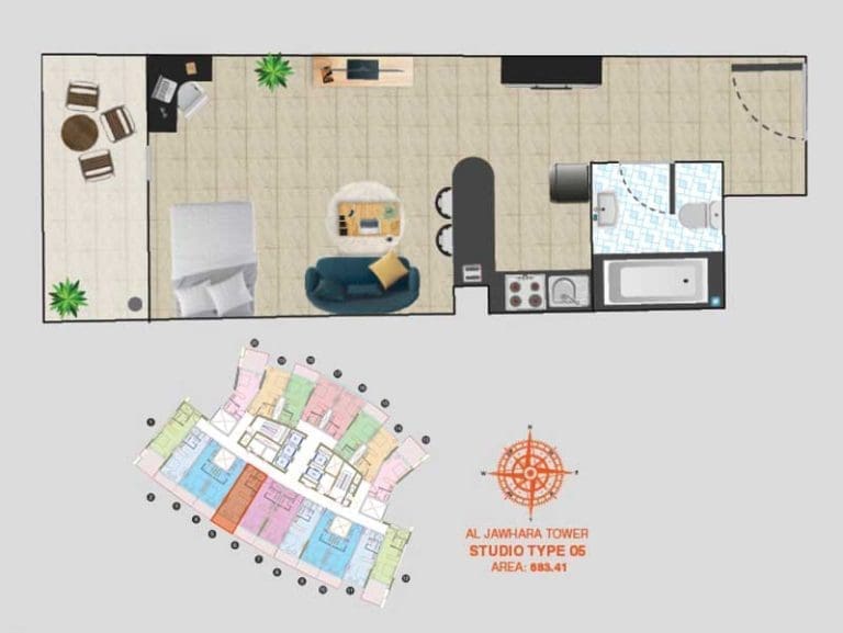 Al Jawhara Tower Studio Apartment Type 05 Floor Plans