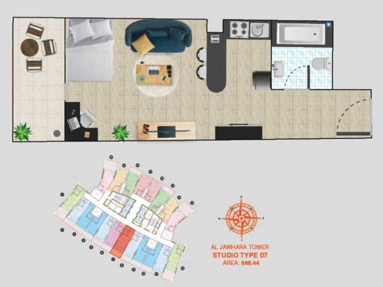 Al Jawhara Tower Studio Apartment Type 07 Floor Plans