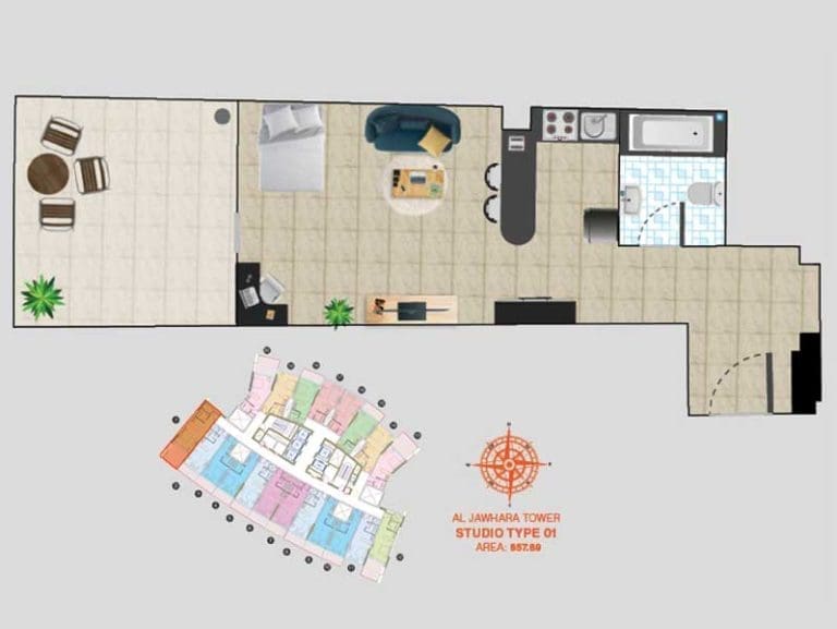 Al Jawhara Tower Studio Apartment Type 01 Floor Plans