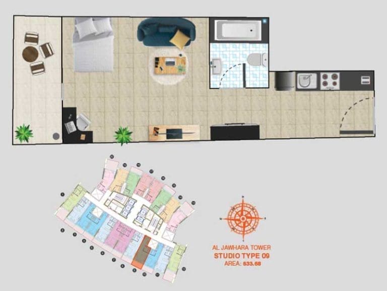 Al Jawhara Tower Studio Apartment Type 09 Floor Plans