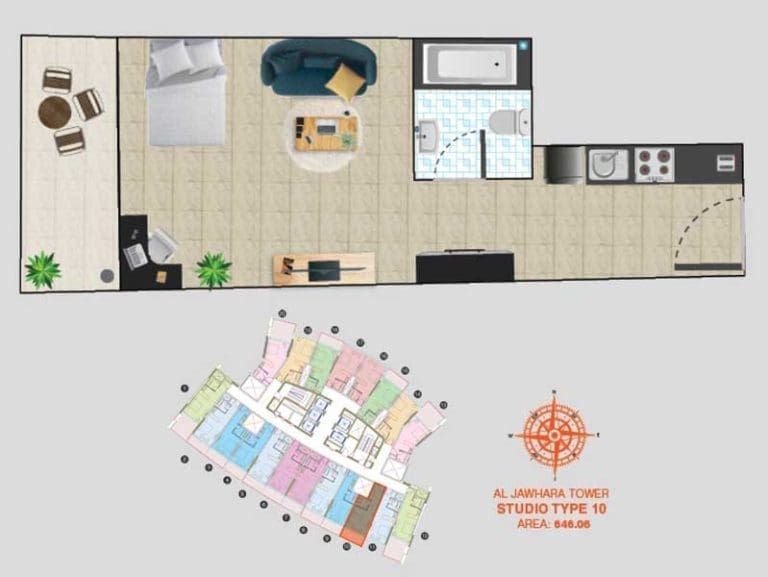 Al Jawhara Tower Studio Apartment Type 10 Floor Plans