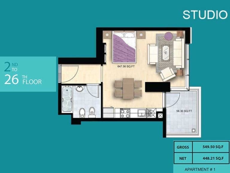Al Manara Tower Studio Apartment 01-1 Floor Plans