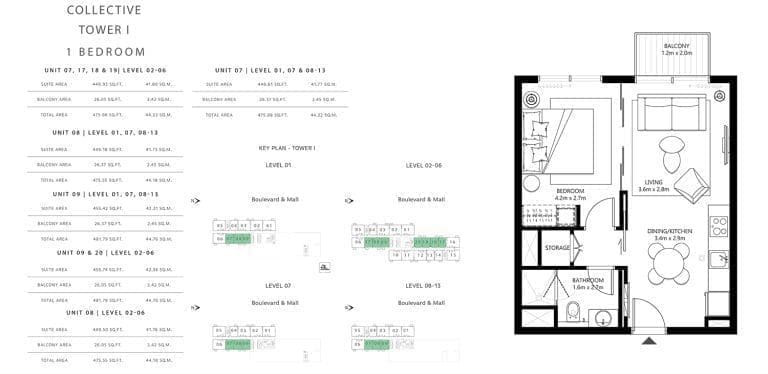 Collective Tower 1 – 1 Bedroom Apartment Unit 07 Floor Plans