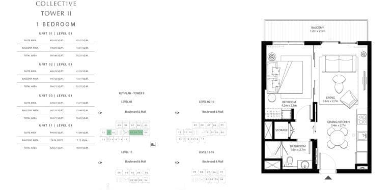 Collective Tower 2 – 1 Bedroom Apartment Unit 01 Floor Plans