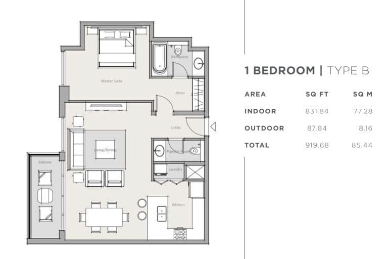 Park One 1 Bedroom Apartment Type B Floor Plans