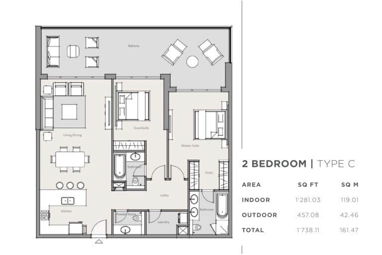 Park One 2 Bedroom Apartment Type C Floor Plans
