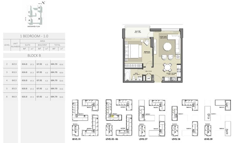Park Point 1 Bedroom Apartment 1.0 Block B Floor Plans