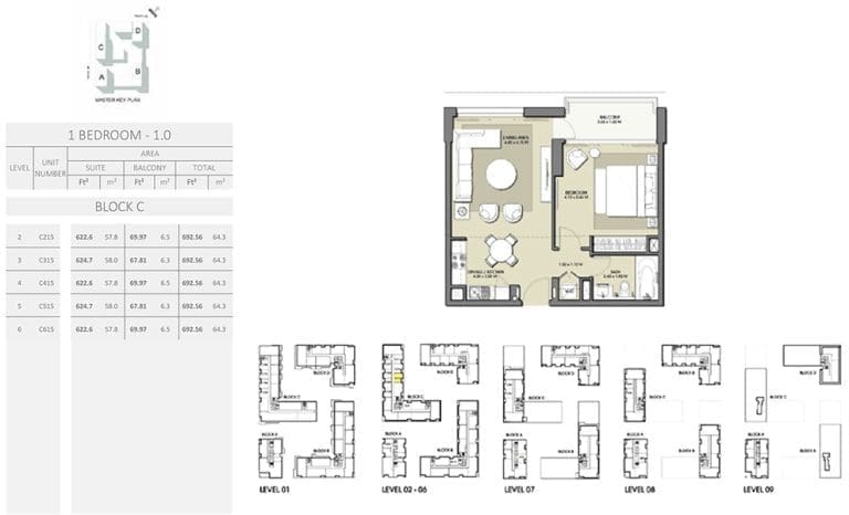 Park Point 1 Bedroom Apartment 1.0 Block C Floor Plans