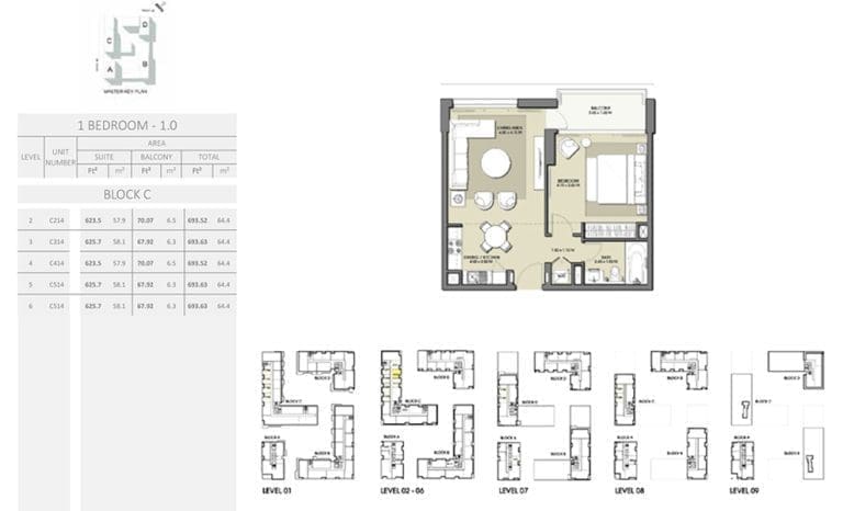Park Point 1 Bedroom Apartment 1.0 Block C-1 Floor Plans