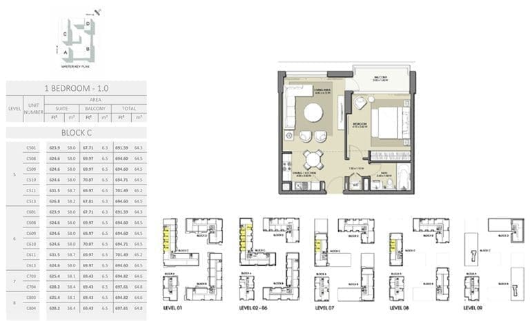 Park Point 1 Bedroom Apartment 1.0 Block C-2 Floor Plans