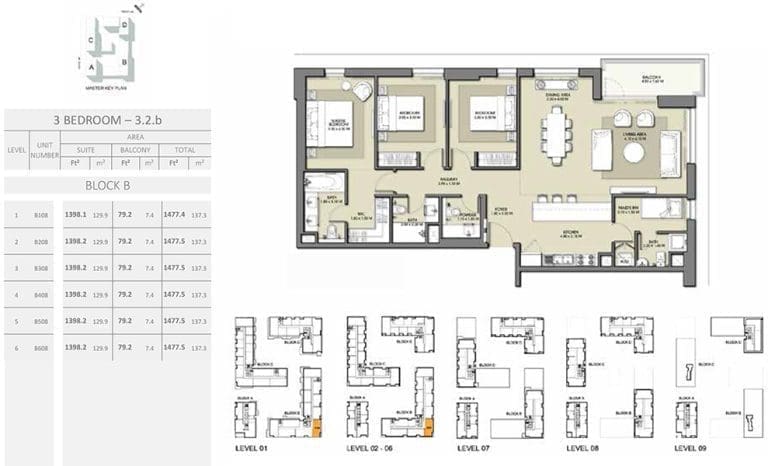 Park Point 3 Bedroom Apartment 3.2B Block B Floor Plans