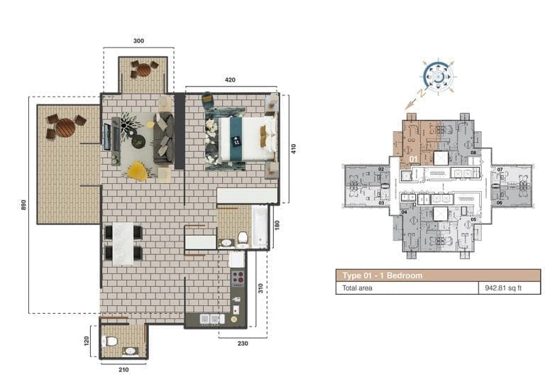 The Square Tower 1 Bedroom Apartment Type 01 -1 Floor Plans
