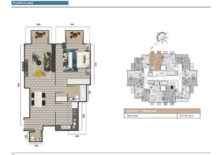 The Square Tower 1 Bedroom Apartment Type 01 – 2 Floor Plans