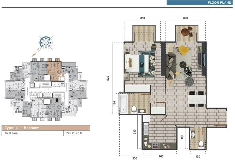 The Square Tower 1 Bedroom Apartment Type 14 Floor Plans