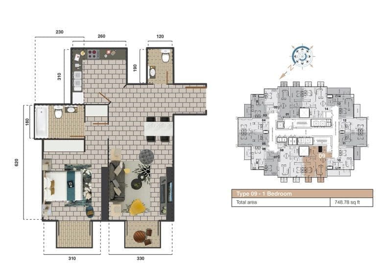 The Square Tower 1 Bedroom Apartment Type 09 Floor Plans