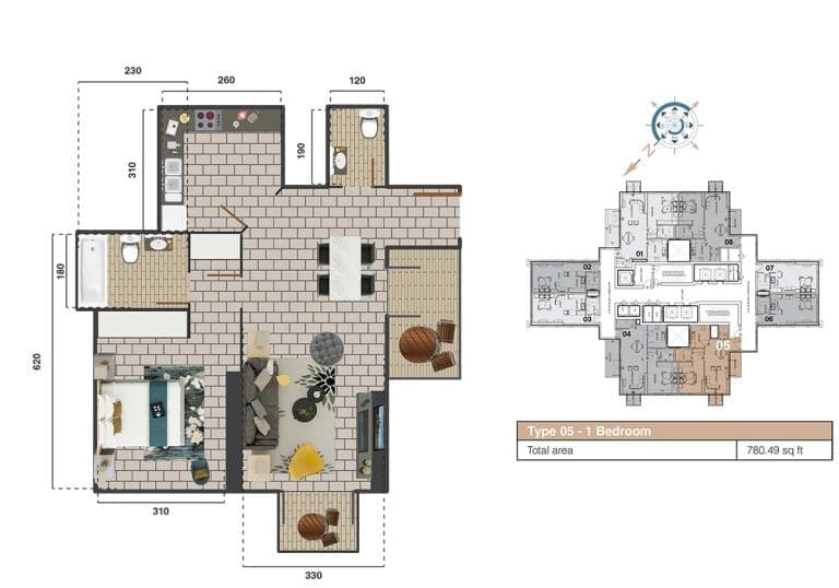 The Square Tower 1 Bedroom Apartment Type 05 Floor Plans