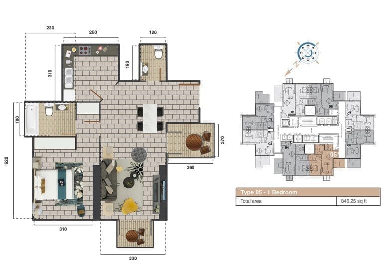 The Square Tower 1 Bedroom Apartment Type 05 – 1 Floor Plans