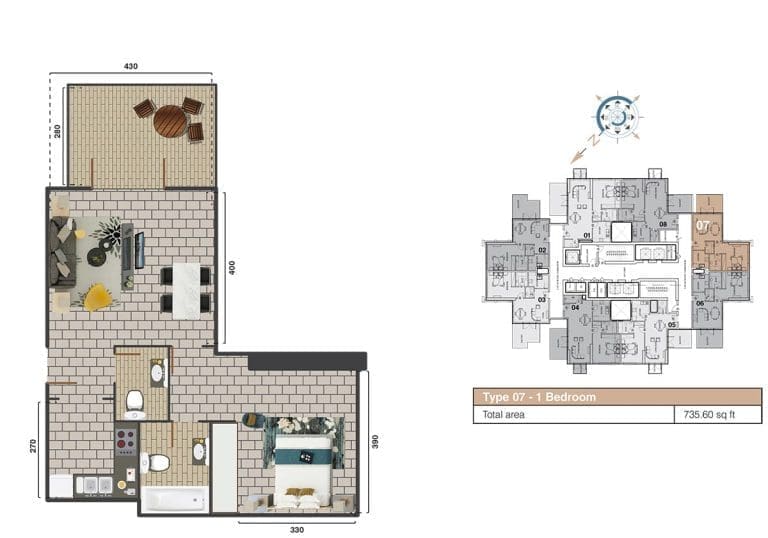The Square Tower 1 Bedroom Apartment Type 07 Floor Plans