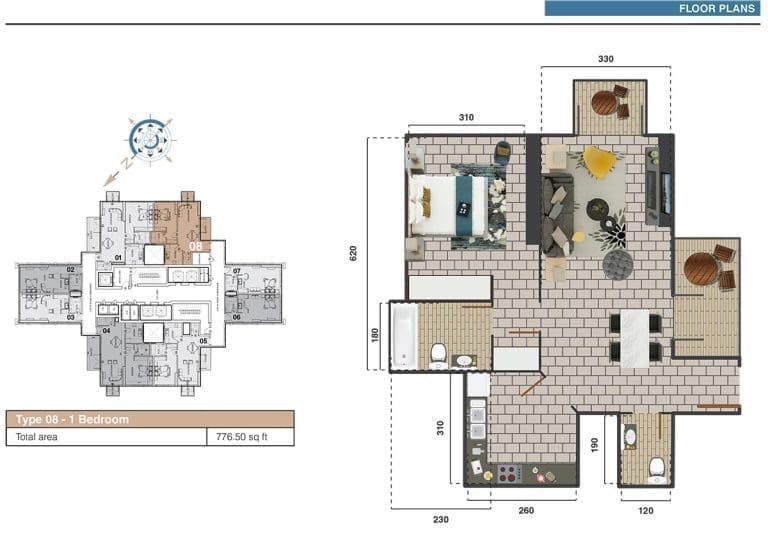 The Square Tower 1 Bedroom Apartment Type 08 – 2 Floor Plans