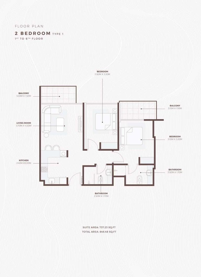 Azizi Beach Oasis 2 Bedroom Apartment Type 1 Floor Plans
