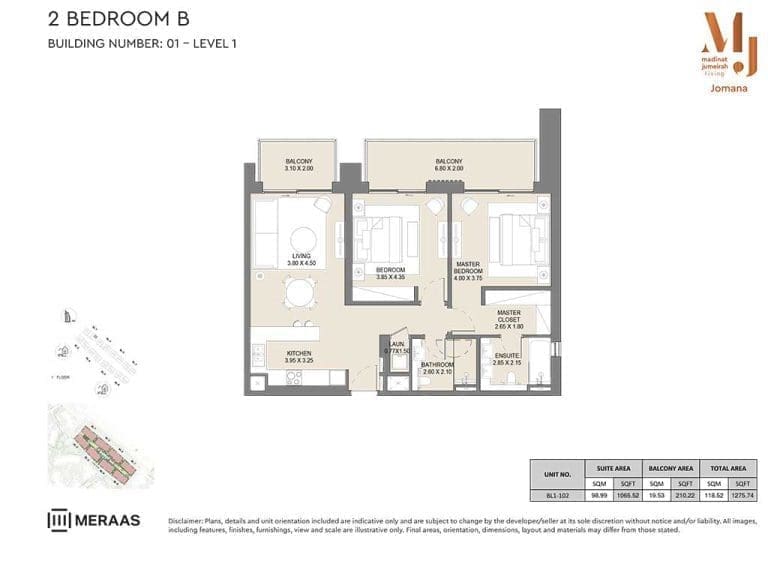 Jomana 2 Bedroom Apartment Type B Level 1 Floor Plans