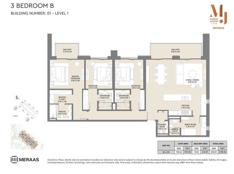 Jomana 3 Bedroom Apartment Type B Level 1 Floor Plans