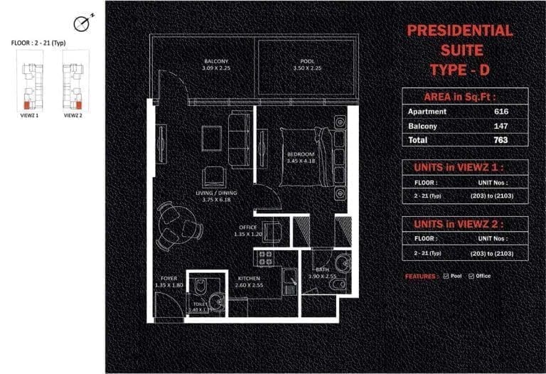 Viewz Residences 1 Bedroom Presidential Suits Apartment Type-D Floor Plans