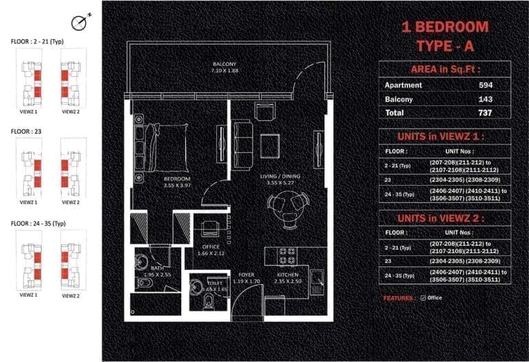 Viewz Residences 1 Bedroom Apartment Type-A Floor Plans