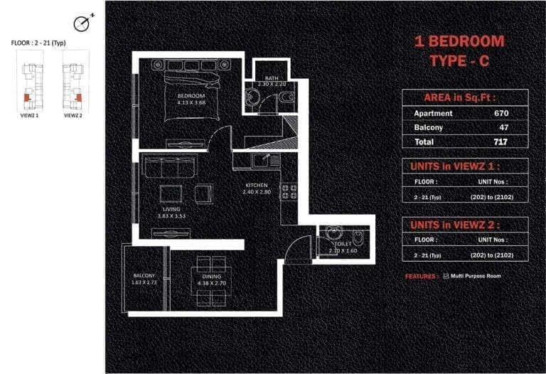 Viewz Residences 1 Bedroom Apartment Type-C Floor Plans