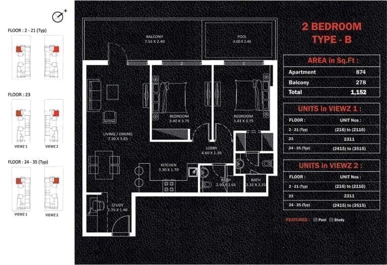 Viewz Residences 2 Bedroom Apartment Type-B Floor Plans