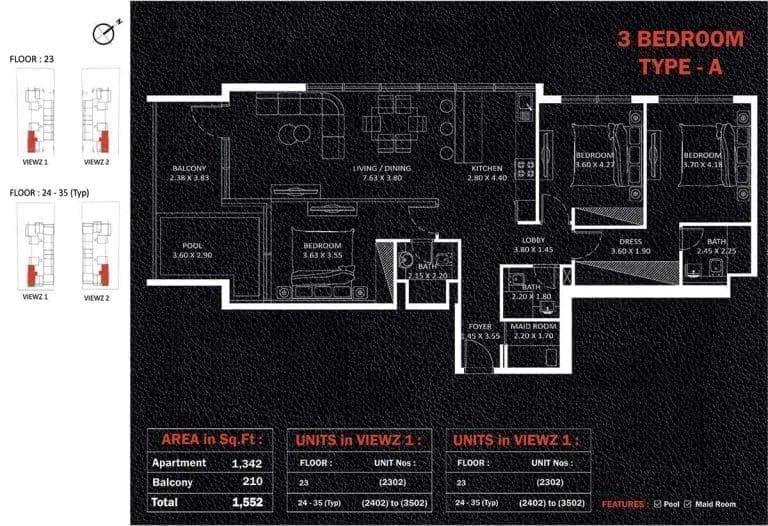 Viewz Residences 3 Bedroom Apartment Type-A Floor Plans