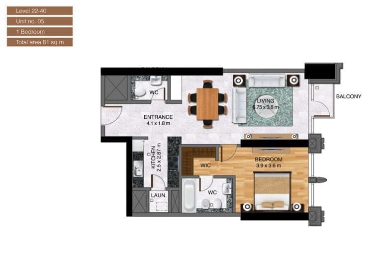 Noora Tower 1 Bedroom Apartment Level 22-40 Unit 05 Floor Plans