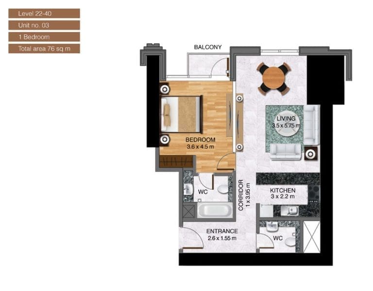 Noora Tower 1 Bedroom Apartment Level 22-40 Unit 03 Floor Plans