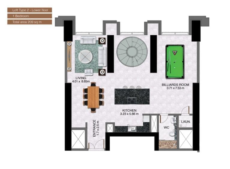 Noora Tower 1 Bedroom Apartment Loft Type 2 Lower Floor Plans