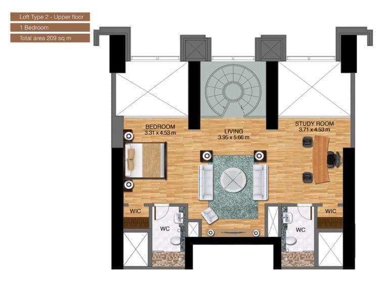 Noora Tower 1 Bedroom Apartment Loft Type 2 Upper Floor Plans