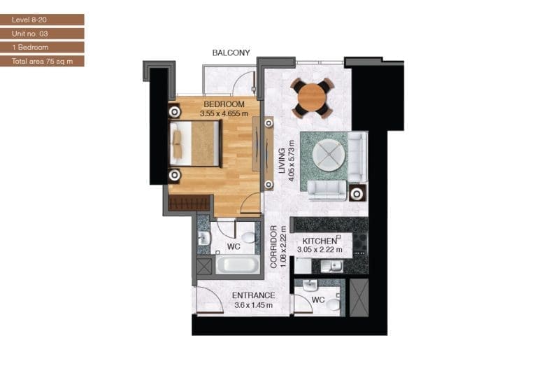 Noora Tower 1 Bedroom Apartment Level 08-20 Unit 03-1 Floor Plans