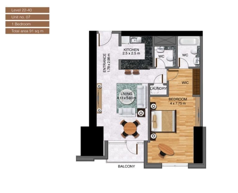 Noora Tower 1 Bedroom Apartment Level 22-40 Unit 07 Floor Plans