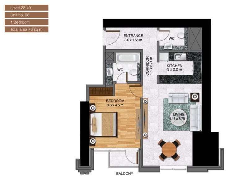 Noora Tower 1 Bedroom Apartment Level 22-40 Unit 08 Floor Plans