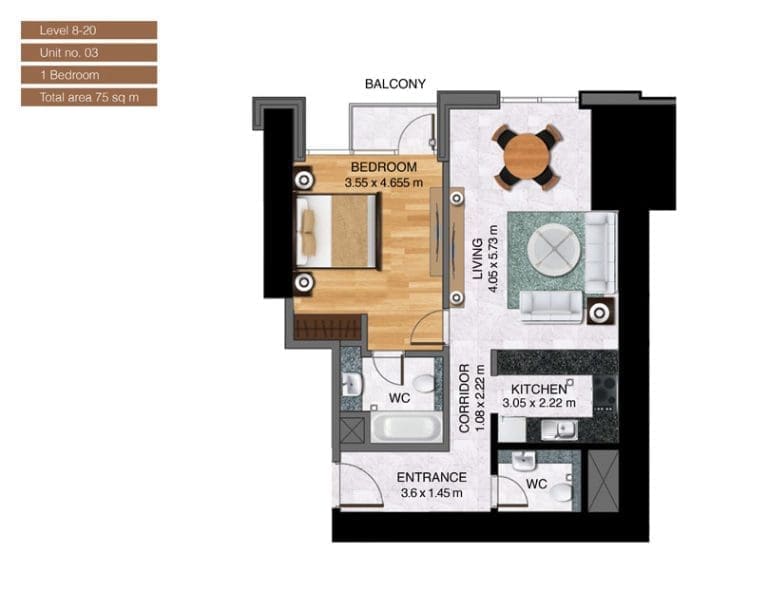 Noora Tower 1 Bedroom Apartment Level 08-20 Unit 05 Floor Plans