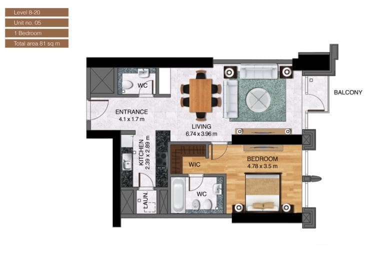 Noora Tower 1 Bedroom Apartment Level 22-40 Unit 05 Floor Plans