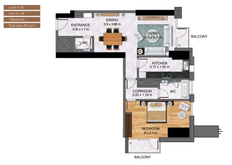 Noora Tower 1 Bedroom Apartment Level 08-20 Unit 06 Floor Plans