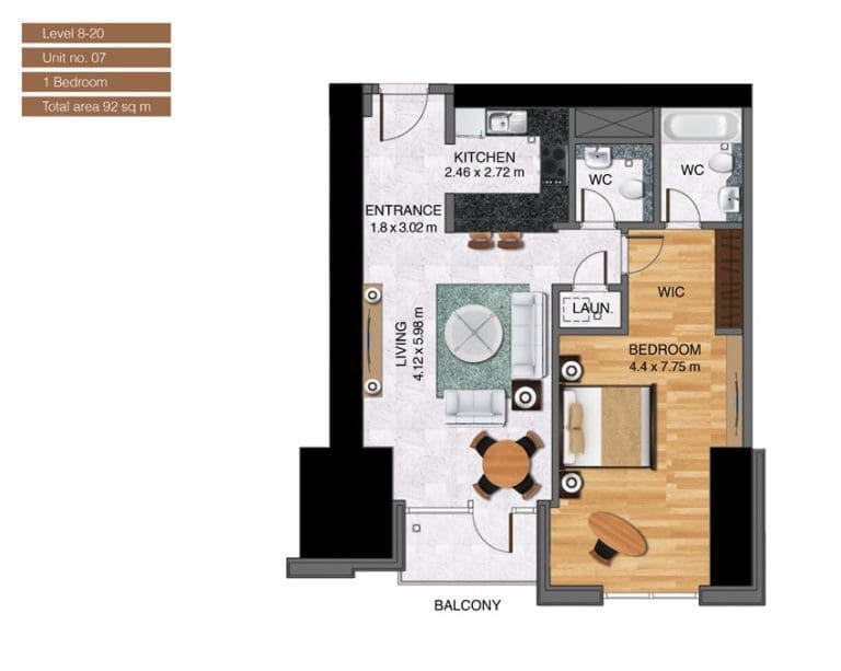Noora Tower 1 Bedroom Apartment Level 08-20 Unit 07 Floor Plans