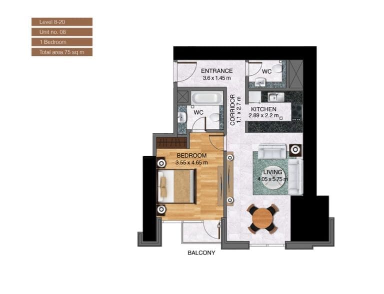 Noora Tower 1 Bedroom Apartment Level 08-20 Unit 08-1 Floor Plans