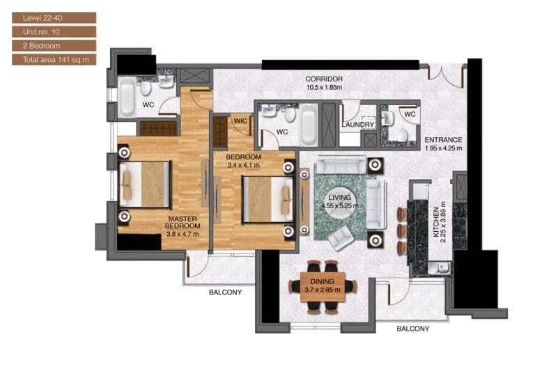 Noora Tower 2 Bedroom Apartment Level 22-40 Unit 10 Floor Plans