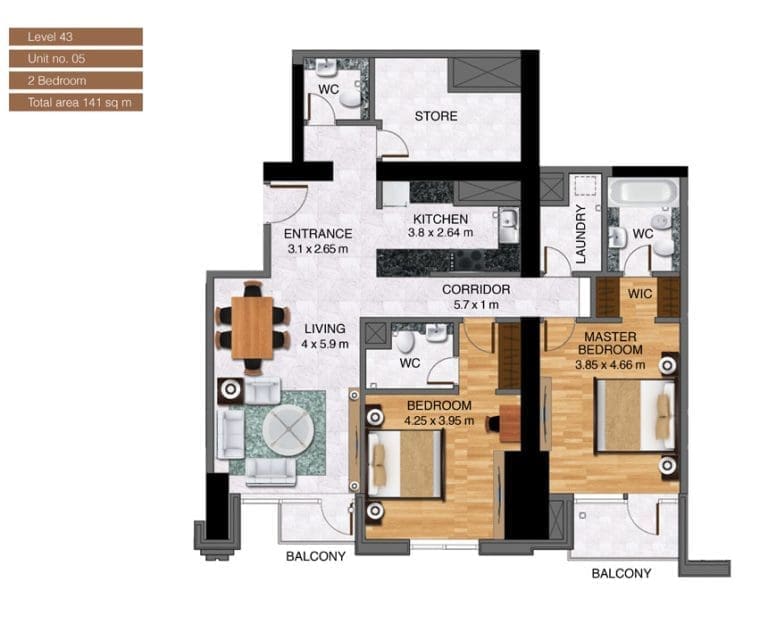 Noora Tower 2 Bedroom Apartment Level 43 Unit 05 Floor Plans